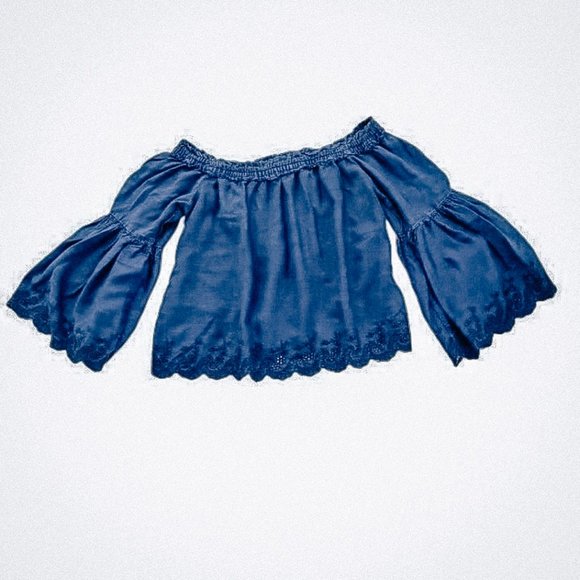 American Eagle Outfitters Tops - SOLD American Eagle Off Shoulder Blue Chambray Floral Eyelet Bell Sleeve Top S